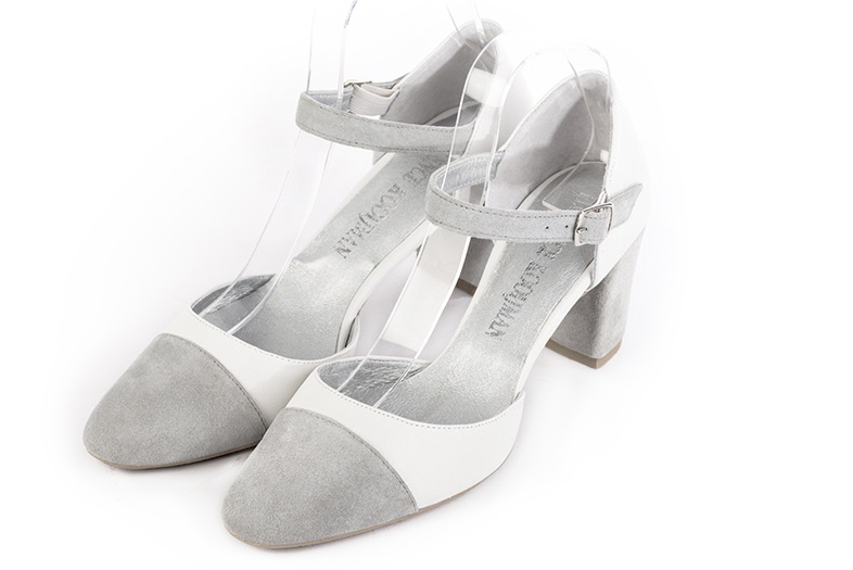 Pearl grey and pure white women's open side shoes, with an instep strap. Round toe. Medium block heels. Front view - Florence KOOIJMAN